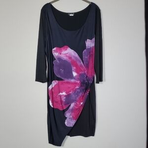 Y2K Venus Asymmetrical Faux Wrap Dress Size XL Floral Stretch Long Sleeve Midi